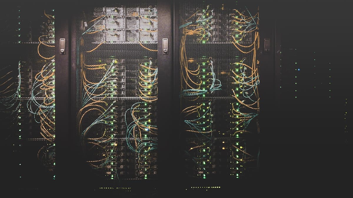 Server room with glowing blue lights